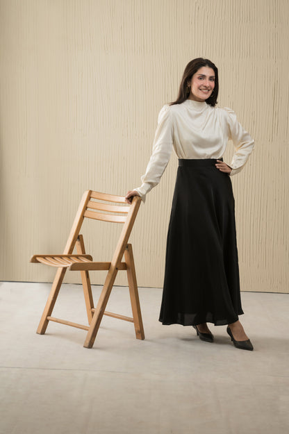 Noir Flow black silk flared skirt - Timeless by Waliya Noor
