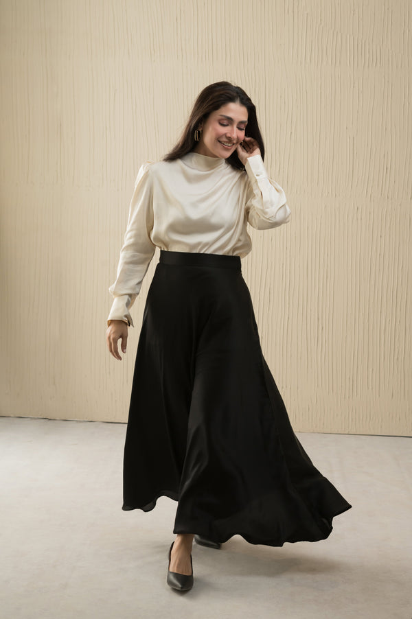 Noir Flow black silk flared skirt - Timeless by Waliya Noor