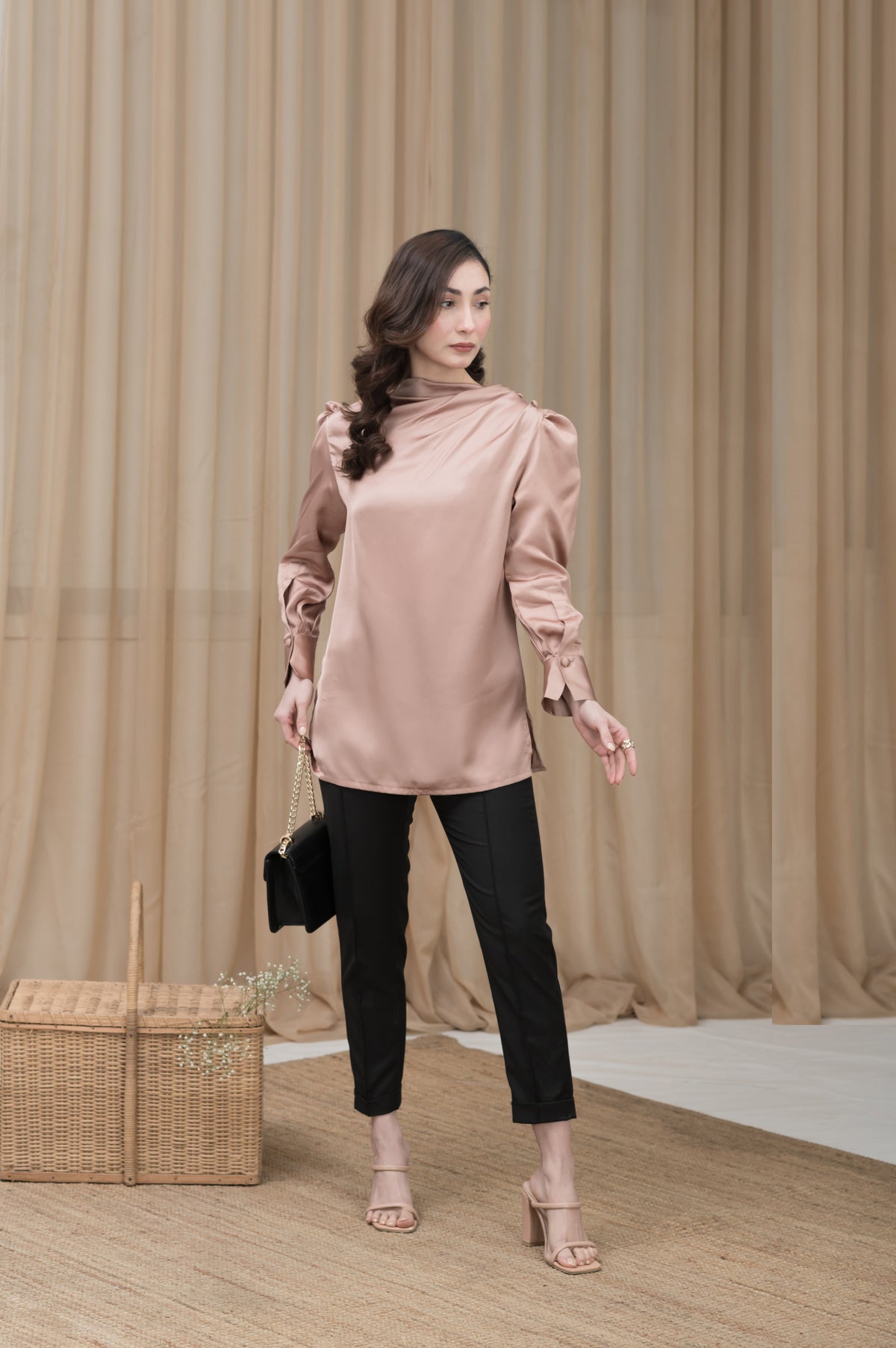 Satin Hour light brown silk shirt - Timeless by Waliya Noor