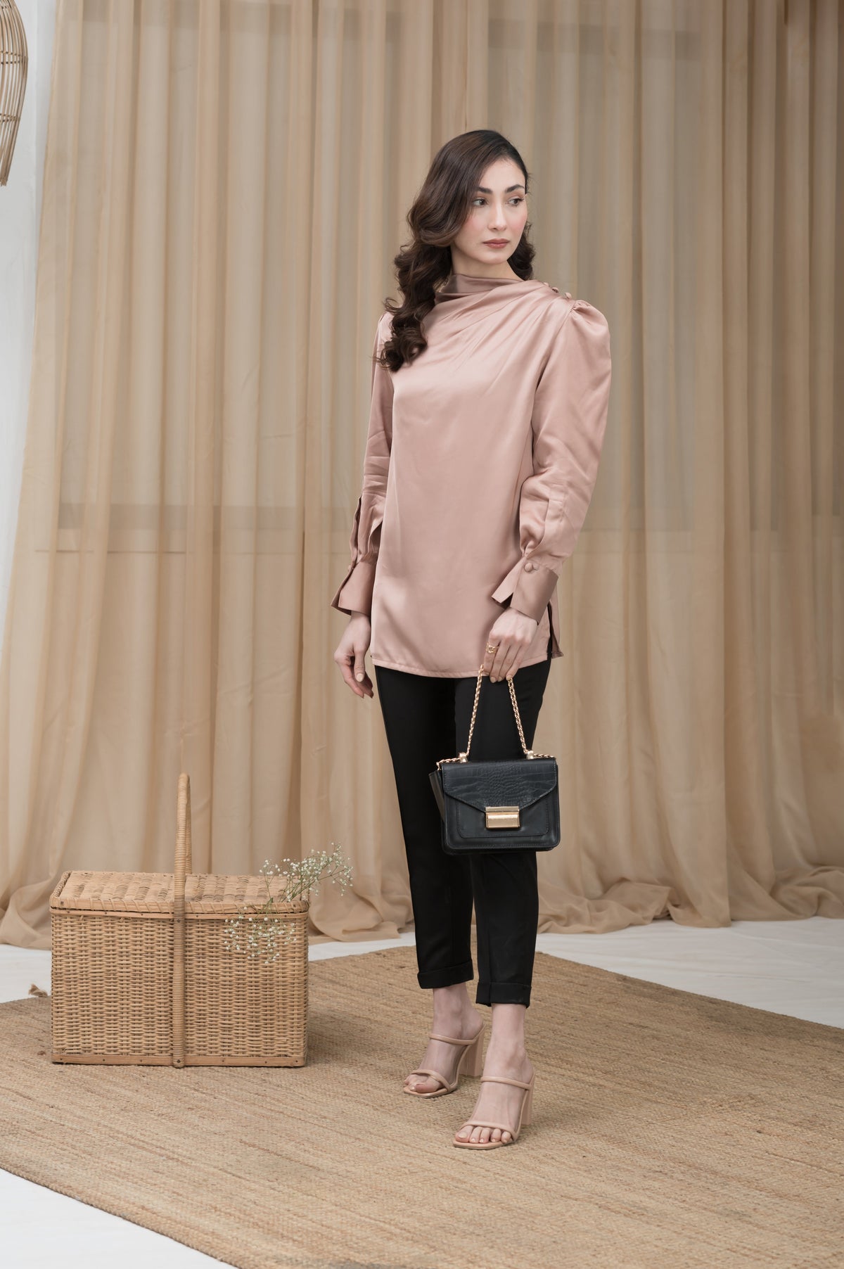Satin Hour light brown silk shirt - Timeless by Waliya Noor