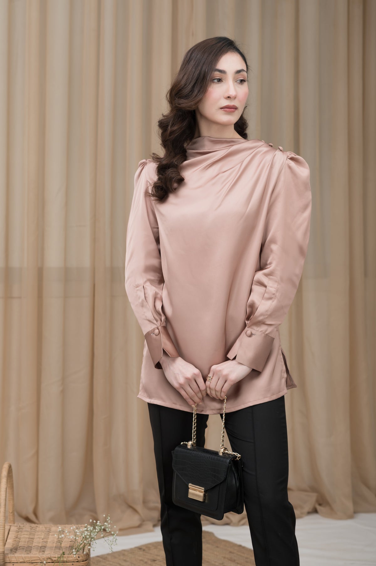 Satin Hour light brown silk shirt - Timeless by Waliya Noor