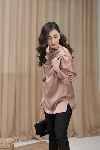 Satin Hour light brown silk shirt - Timeless by Waliya Noor