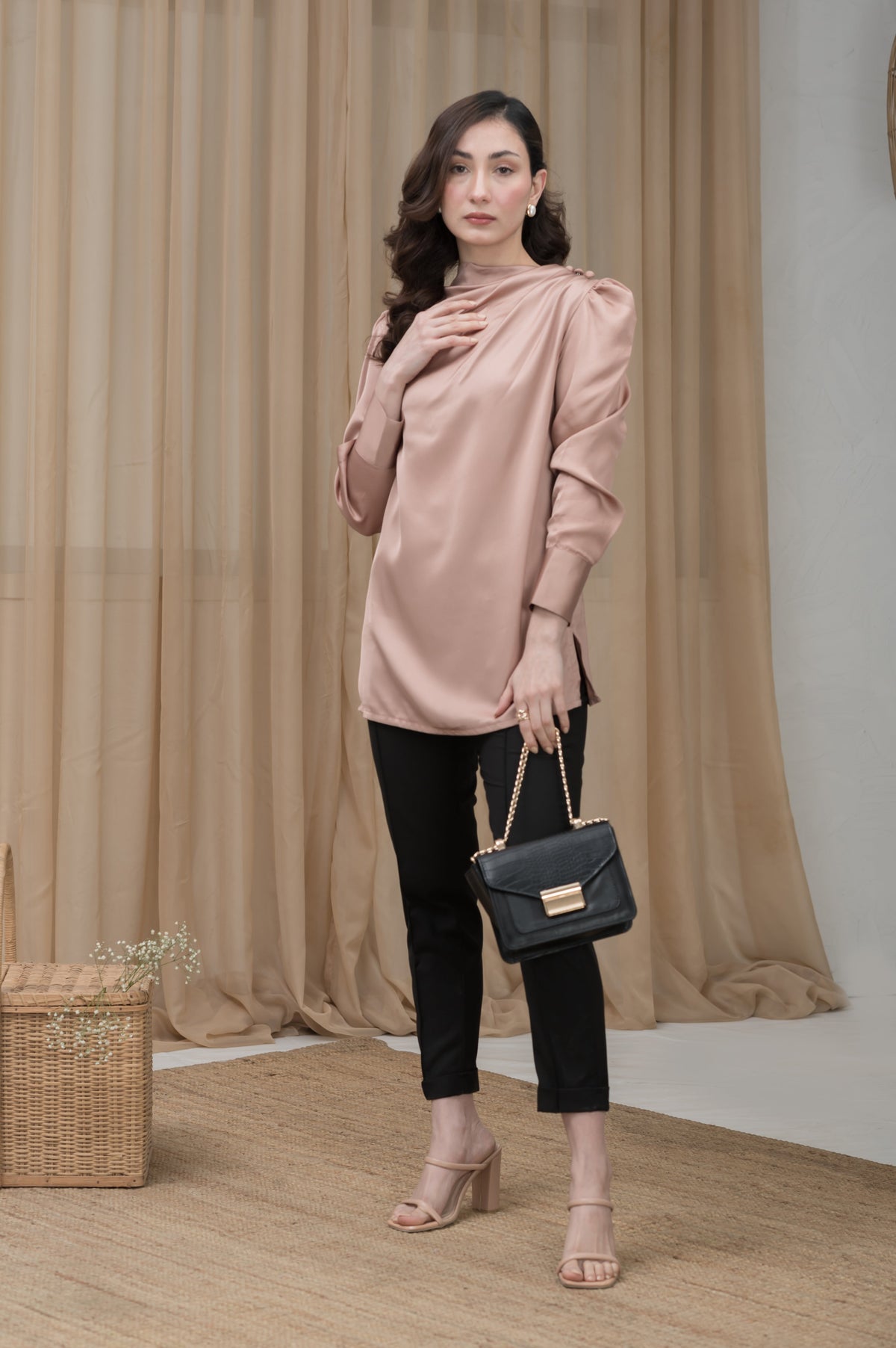 Satin Hour light brown silk shirt - Timeless by Waliya Noor