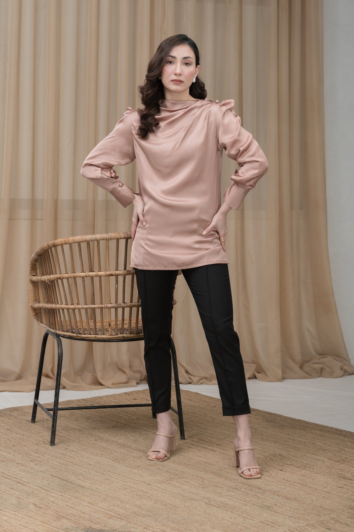Satin Hour light brown silk shirt - Timeless by Waliya Noor