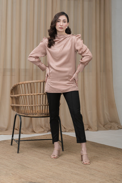 Satin Hour light brown silk shirt - Timeless by Waliya Noor