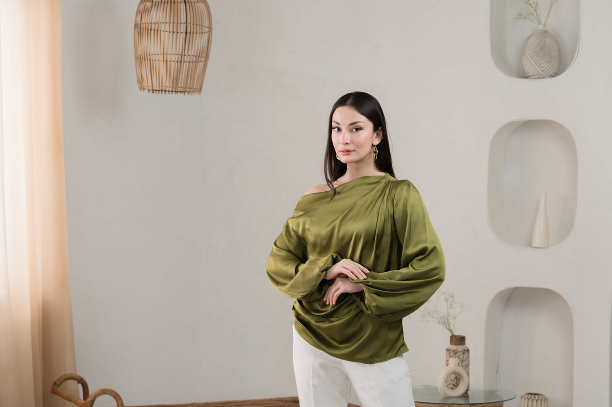 Twilight Silk green off-shoulder silk shirt - Timeless by Waliya Noor