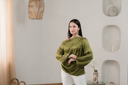 Twilight Silk green off-shoulder silk shirt - Timeless by Waliya Noor