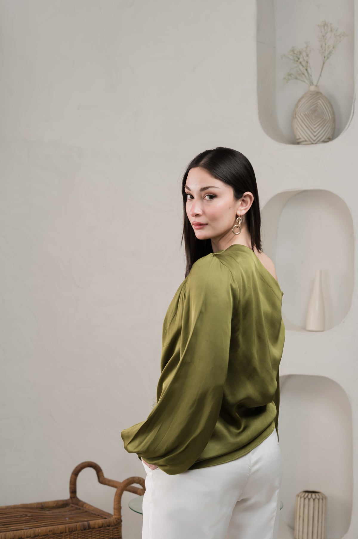 Twilight Silk green off-shoulder silk shirt - Timeless by Waliya Noor