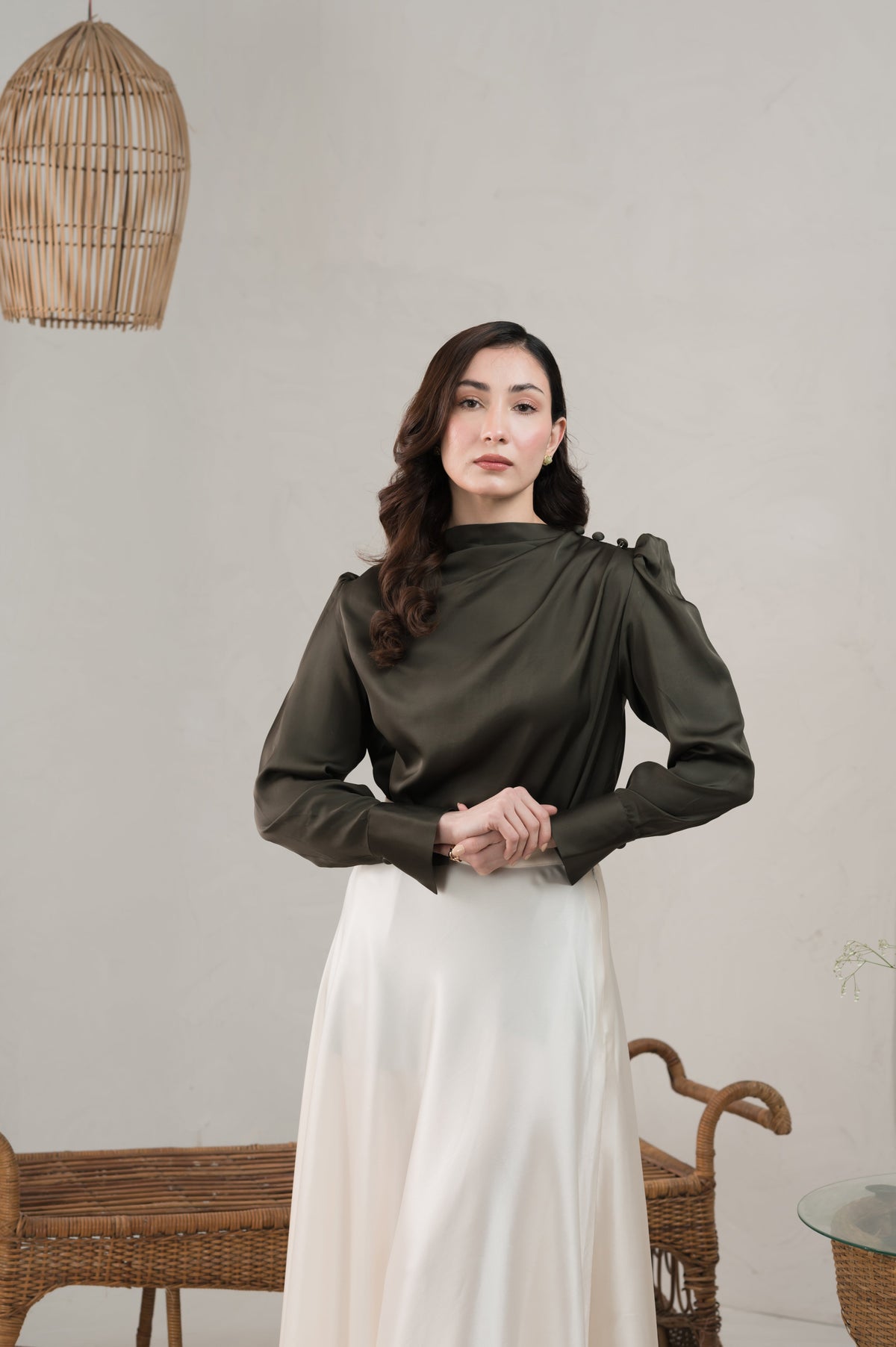 Celeste Silk dark green silk shirt - Timeless by Waliya Noor