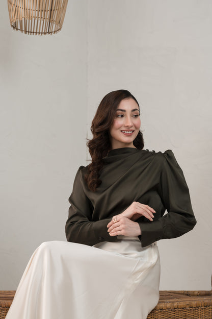Celeste Silk dark green silk shirt - Timeless by Waliya Noor