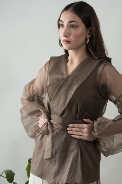 Soft Truffle brown organza shirt - Timeless by Waliya Noor
