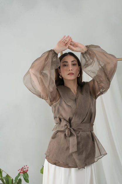 Soft Truffle brown organza shirt - Timeless by Waliya Noor