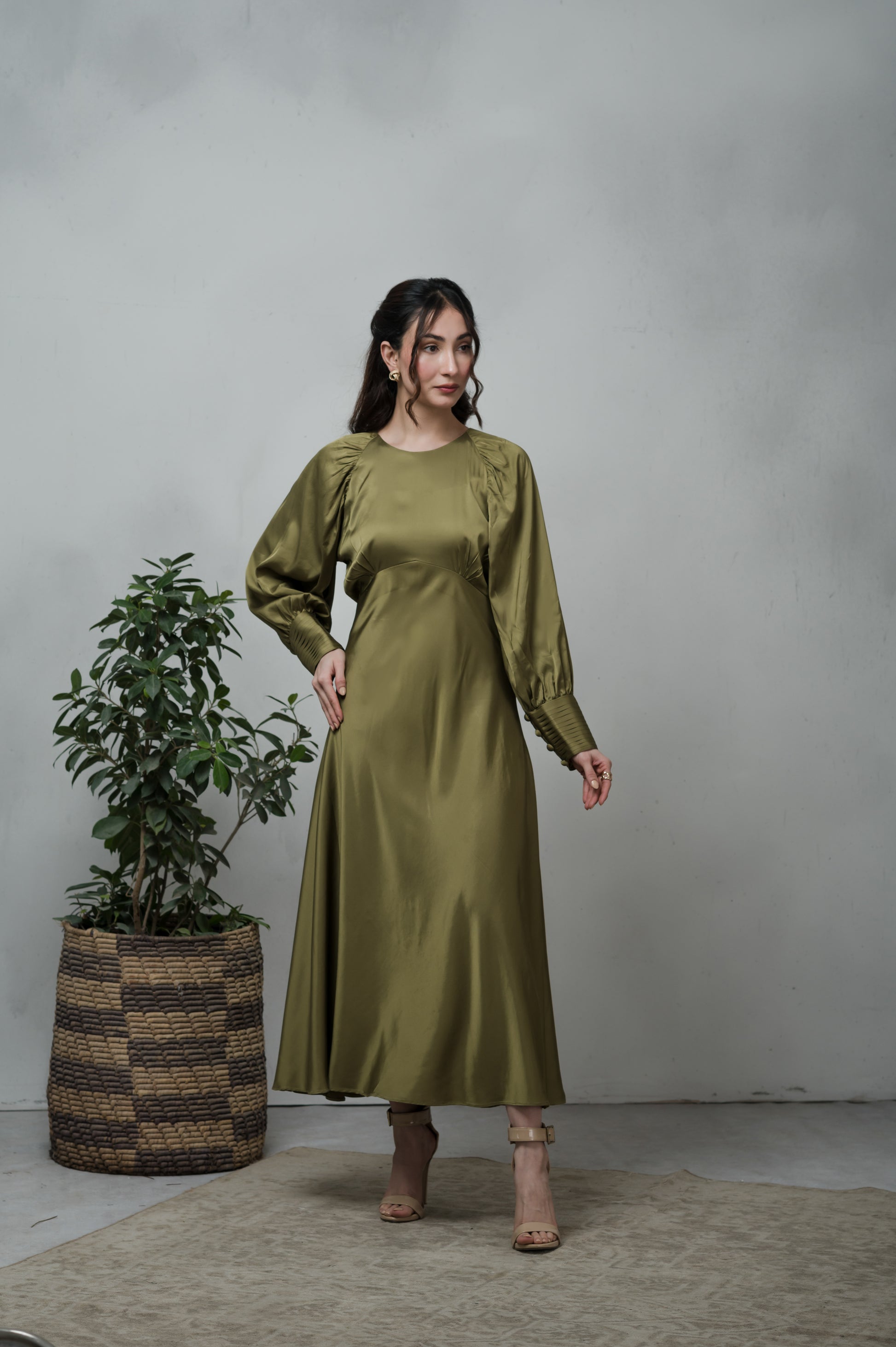 Olivia Olive Green Silk Dress | Timeless by Waliya Noor S Olivia Olive Green Silk Dress | Timeless by Waliya Noor S