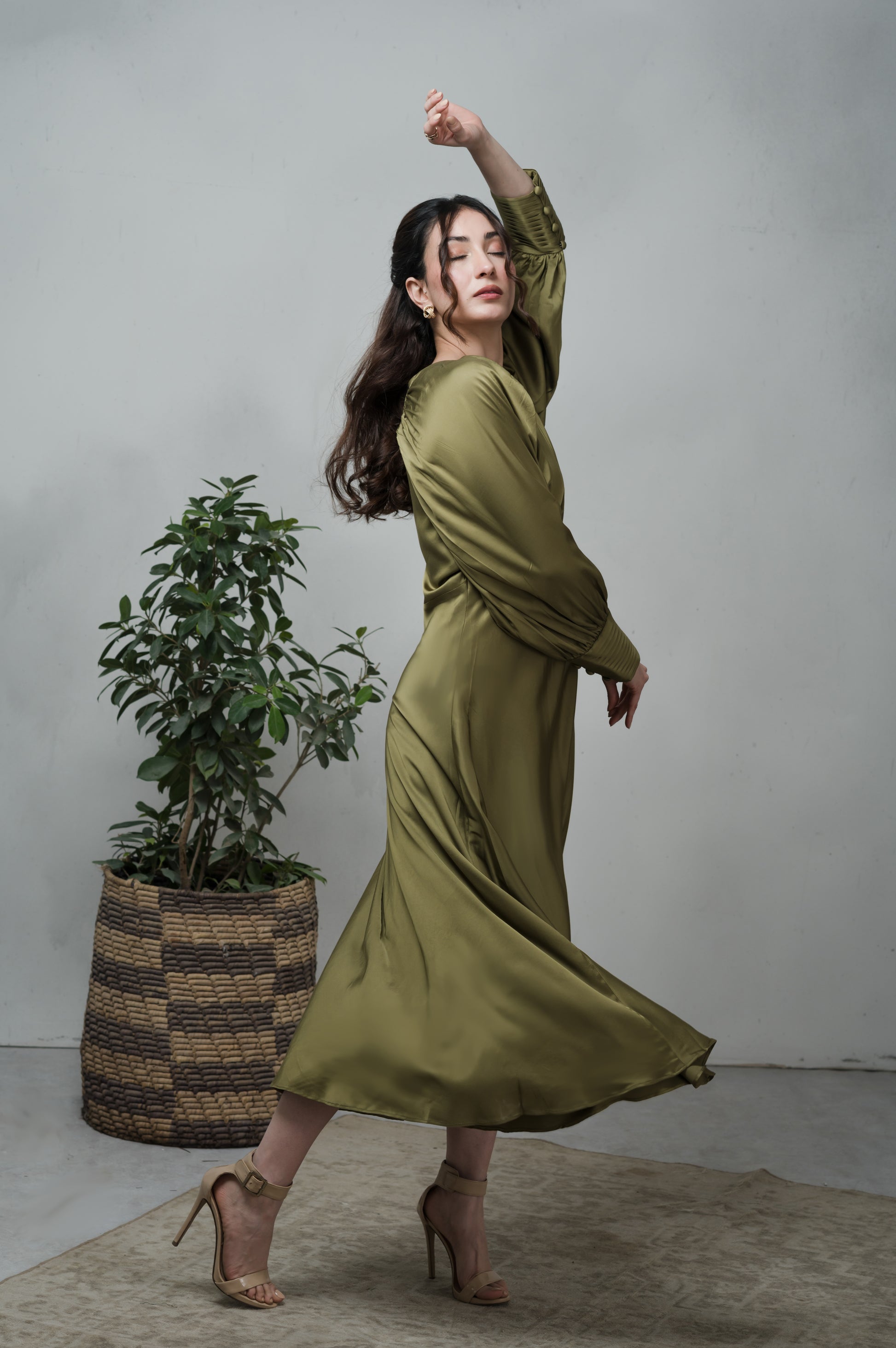 Olivia Olive Green Silk Dress | Timeless by Waliya Noor S Olivia Olive Green Silk Dress | Timeless by Waliya Noor S