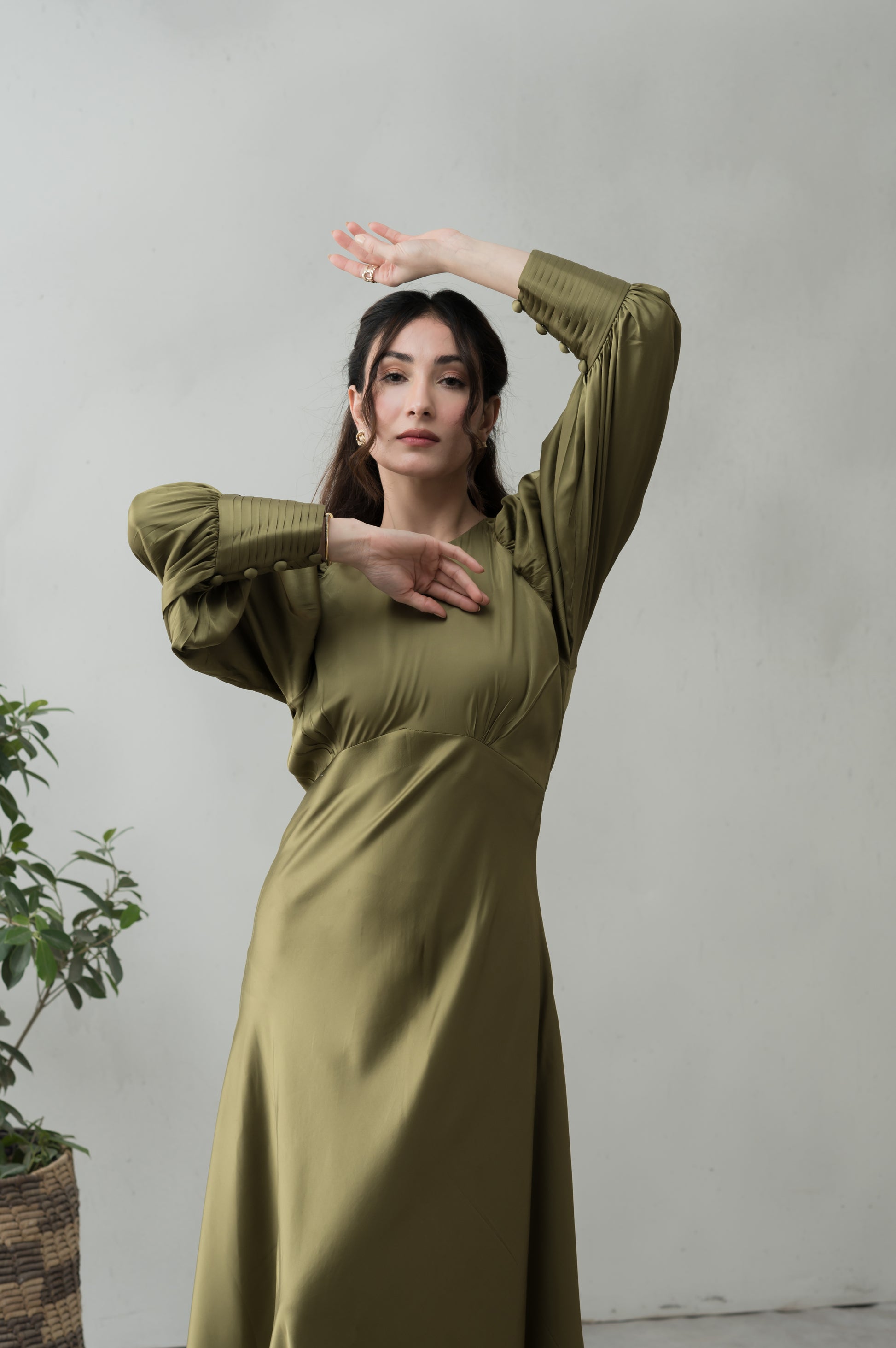 Olivia Olive Green Silk Dress | Timeless by Waliya Noor S Olivia Olive Green Silk Dress | Timeless by Waliya Noor S