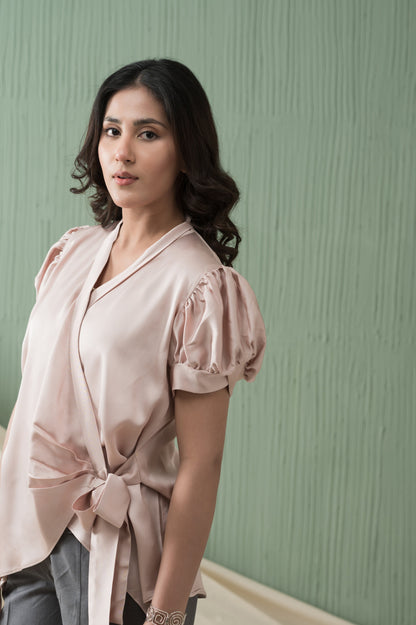 Serenity Silk tea pink silk shirt with side tie - Timeless by Waliya Noor