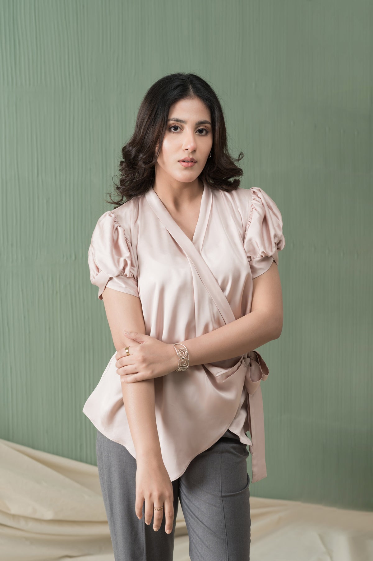 Serenity Silk tea pink silk shirt with side tie - Timeless by Waliya Noor