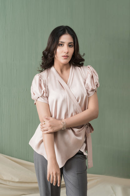 Serenity Silk tea pink silk shirt with side tie - Timeless by Waliya Noor