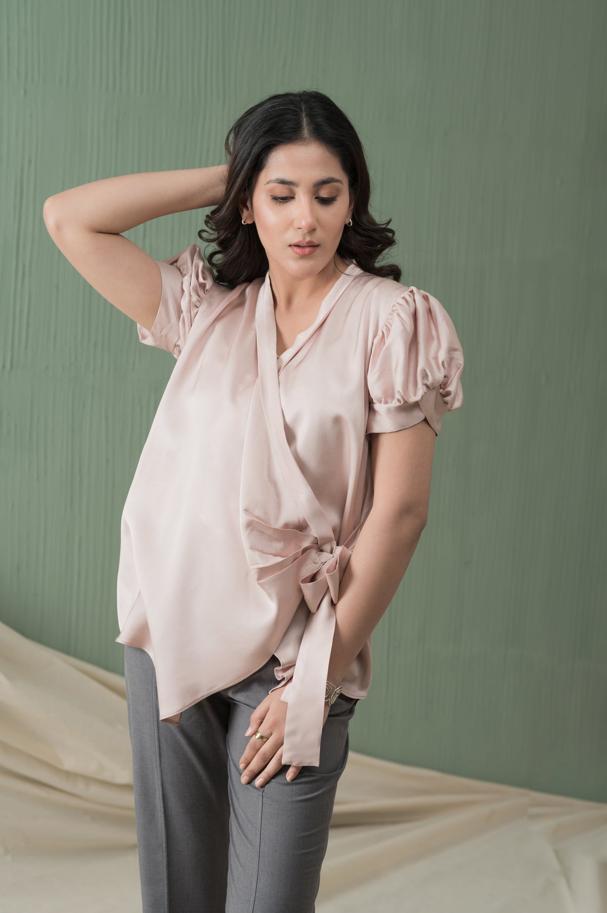 Serenity Silk tea pink silk shirt with side tie - Timeless by Waliya Noor