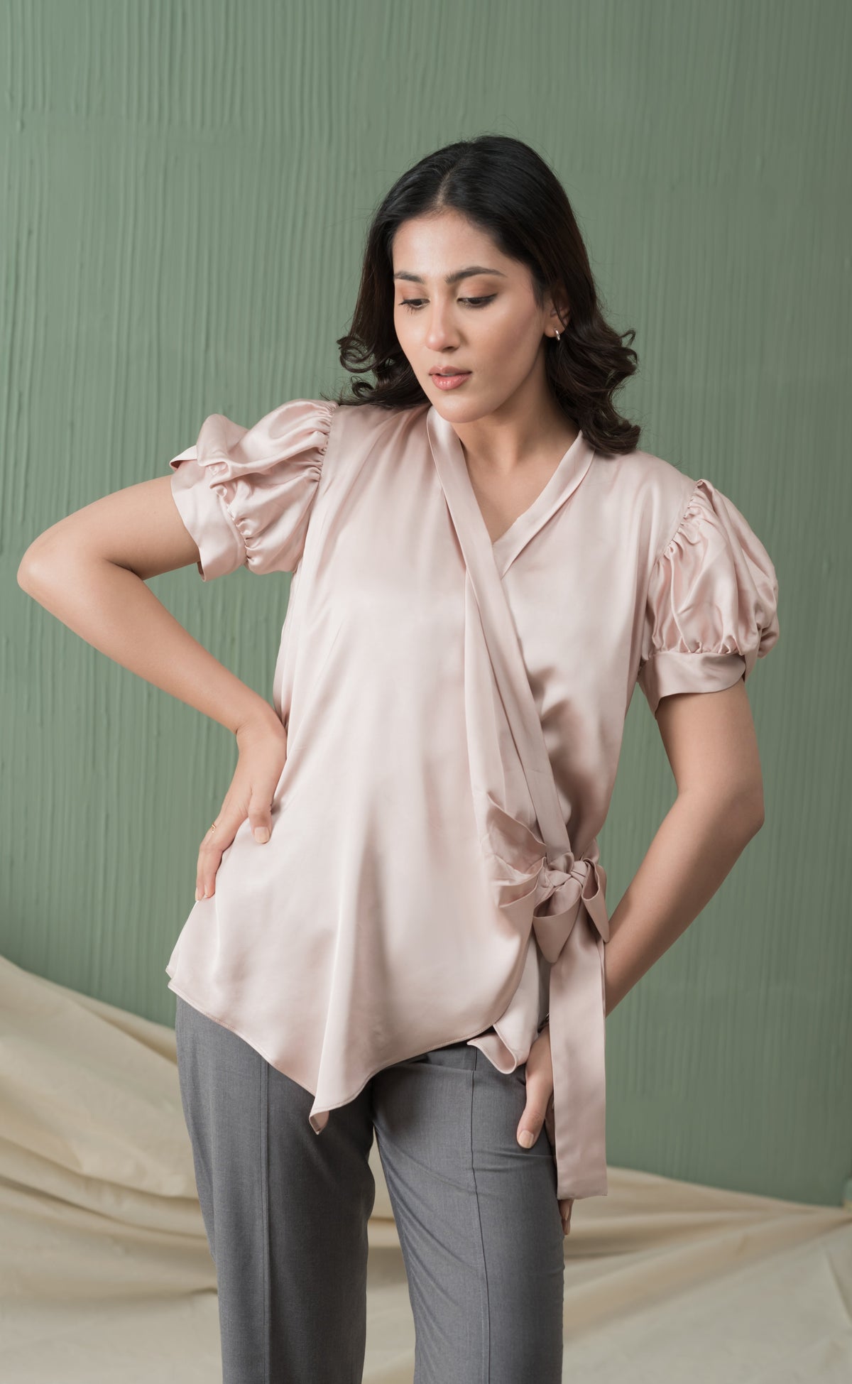 Serenity Silk tea pink silk shirt with side tie - Timeless by Waliya Noor