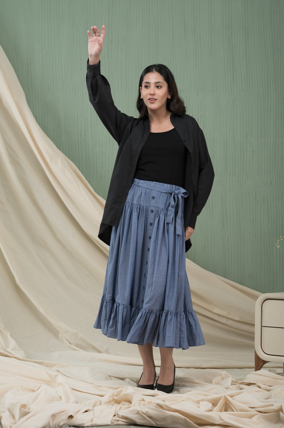 Azure Days blue denim-style cotton skirt with bow - Timeless by Waliya Noor