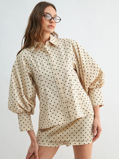 Taupe Polka Puff Sleeve polka-dot blouse - Timeless by Waliya Noor