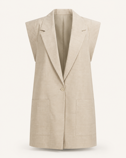 City Luxe beige sleeveless longline coat outfit-only
