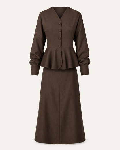 Espresso Chic brown shirt and skirt set, outfit-only product view