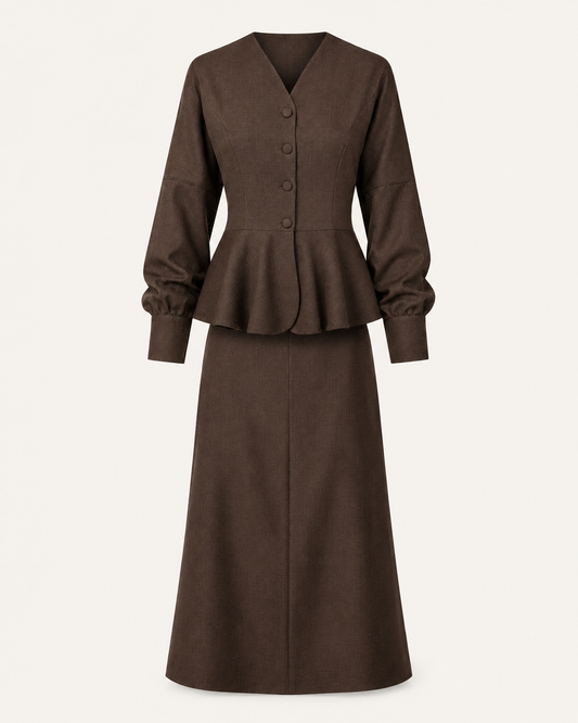 Espresso Chic brown shirt and skirt set, outfit-only product view