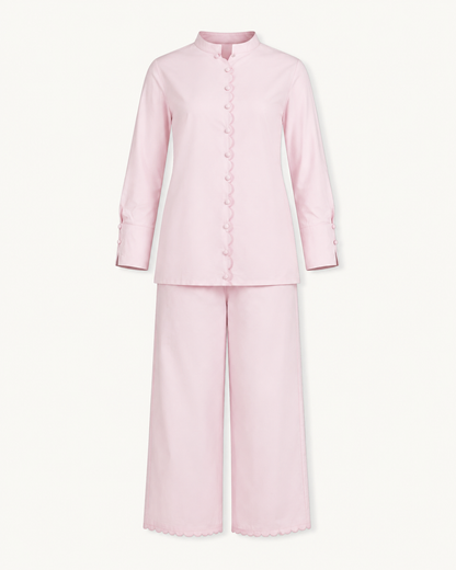 Fuchsia Fantasy pink scalloped cotton co-ord set, outfit-only view