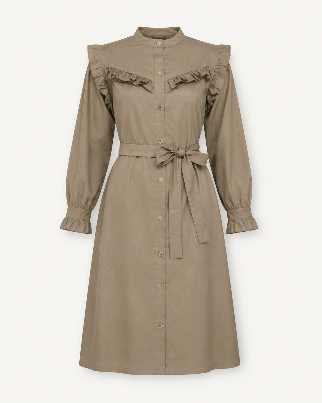 Garden Angel taupe cotton shirt dress, outfit-only view