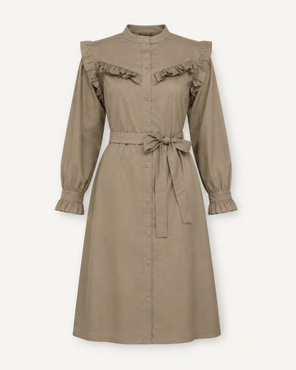 Garden Angel taupe cotton shirt dress, outfit-only view