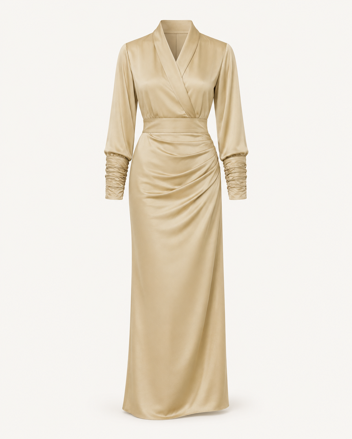 Golden Muse champagne silk dress, outfit-only view