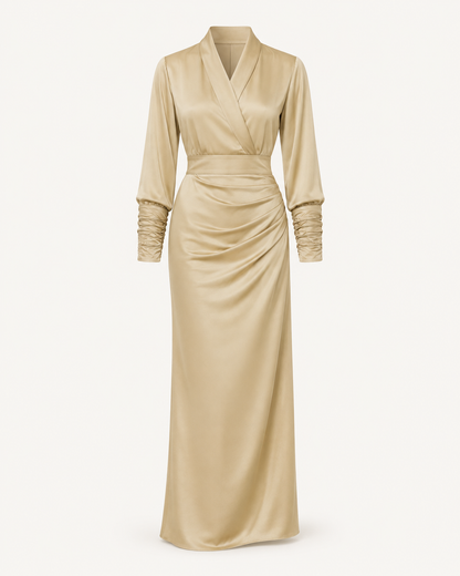 Golden Muse champagne silk dress, outfit-only view