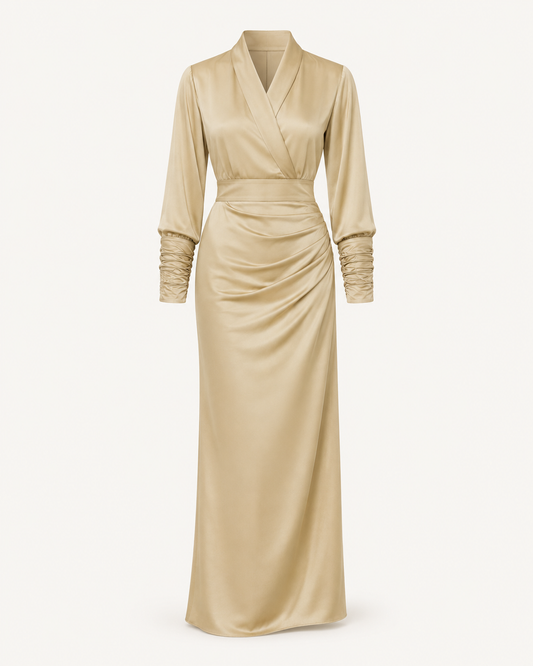 Golden Muse champagne silk dress, outfit-only view
