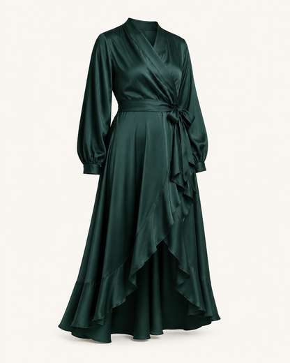 Green as a Bottle deep green silk dress, outfit-only view