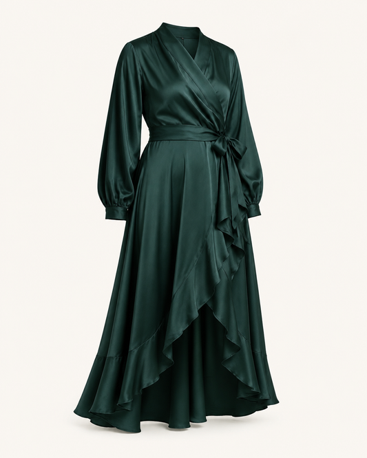 Green as a Bottle deep green silk dress, outfit-only view