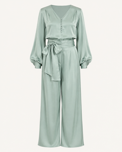 Green Glow pale green silk co-ord set, outfit-only view