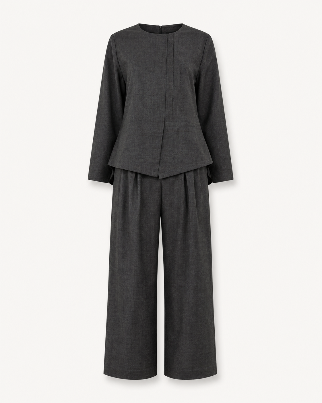 Grey Aura dark grey wool shirt and pants set, outfit-only view