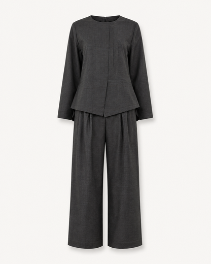 Grey Aura dark grey wool shirt and pants set, outfit-only view