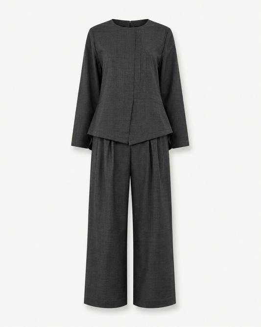 Grey Aura dark grey wool shirt and pants set, outfit-only view