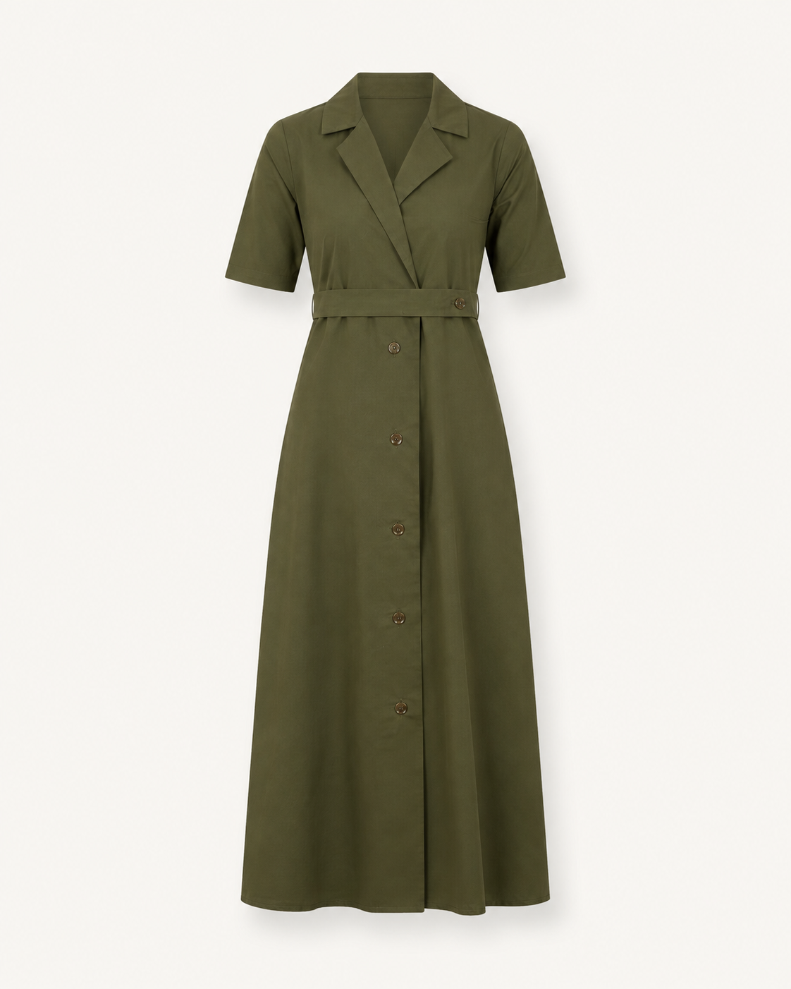 Leah olive green cotton shirt dress, outfit-only view