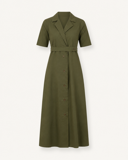 Leah olive green cotton shirt dress, outfit-only view