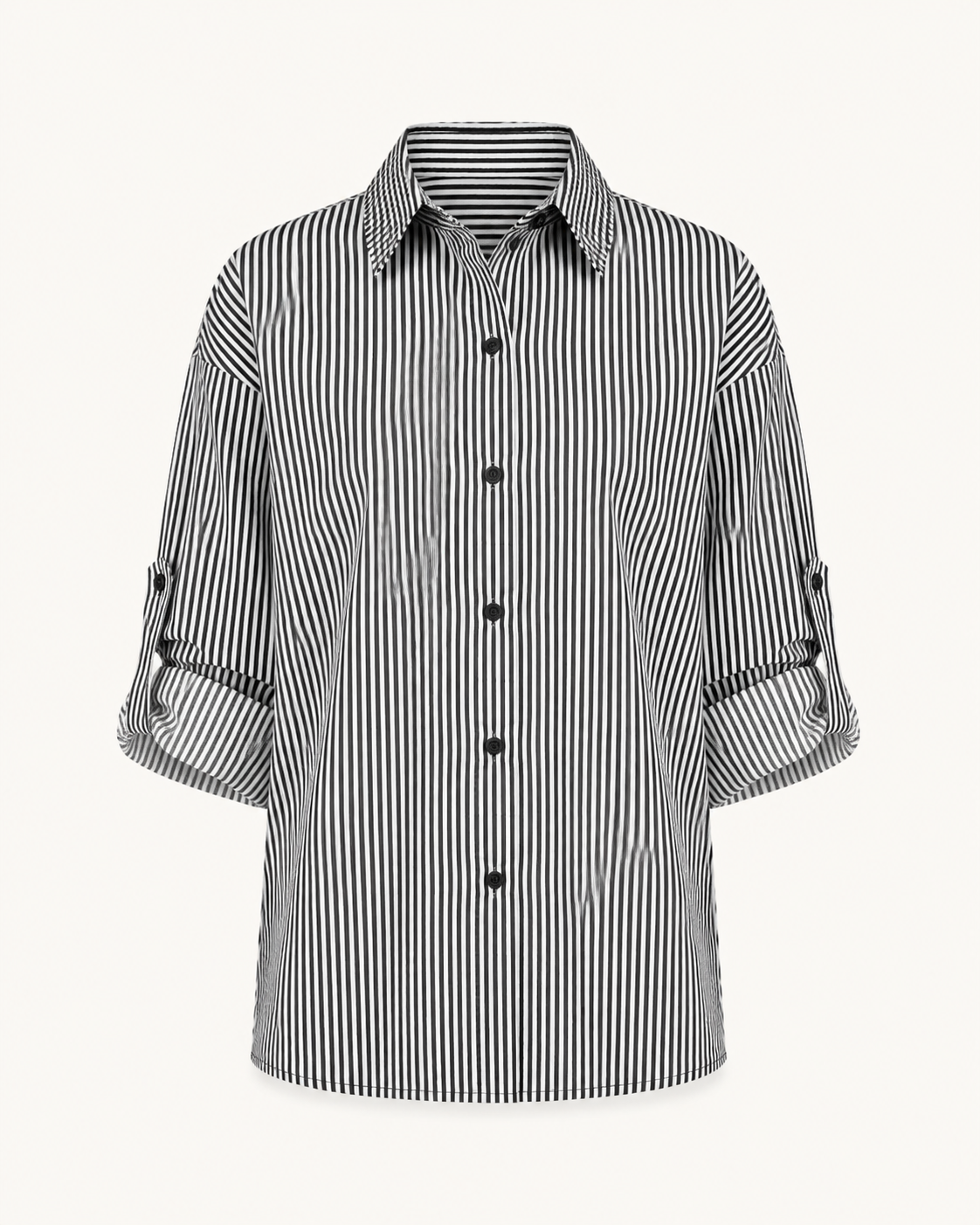 Linear Luxe black and white striped cotton shirt, outfit-only view