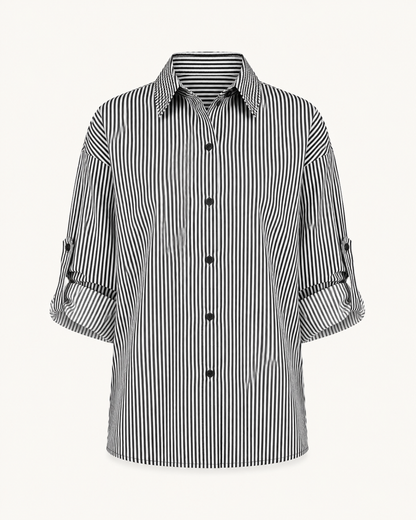 Linear Luxe black and white striped cotton shirt, outfit-only view