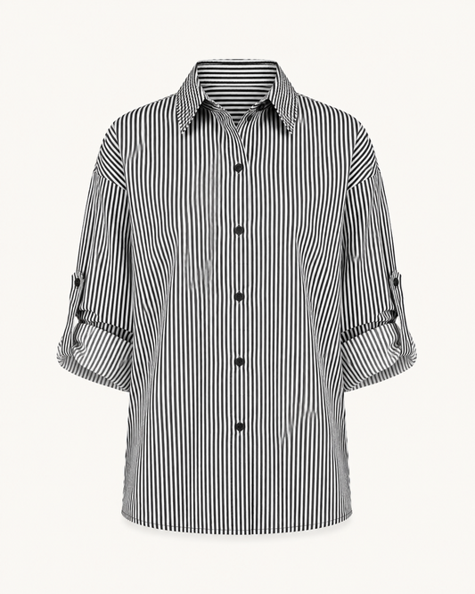 Linear Luxe black and white striped cotton shirt, outfit-only view