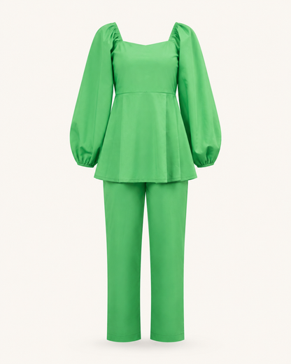 Lush Luxe green cotton shirt and pants set, outfit-only view