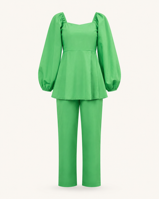Lush Luxe green cotton shirt and pants set, outfit-only view