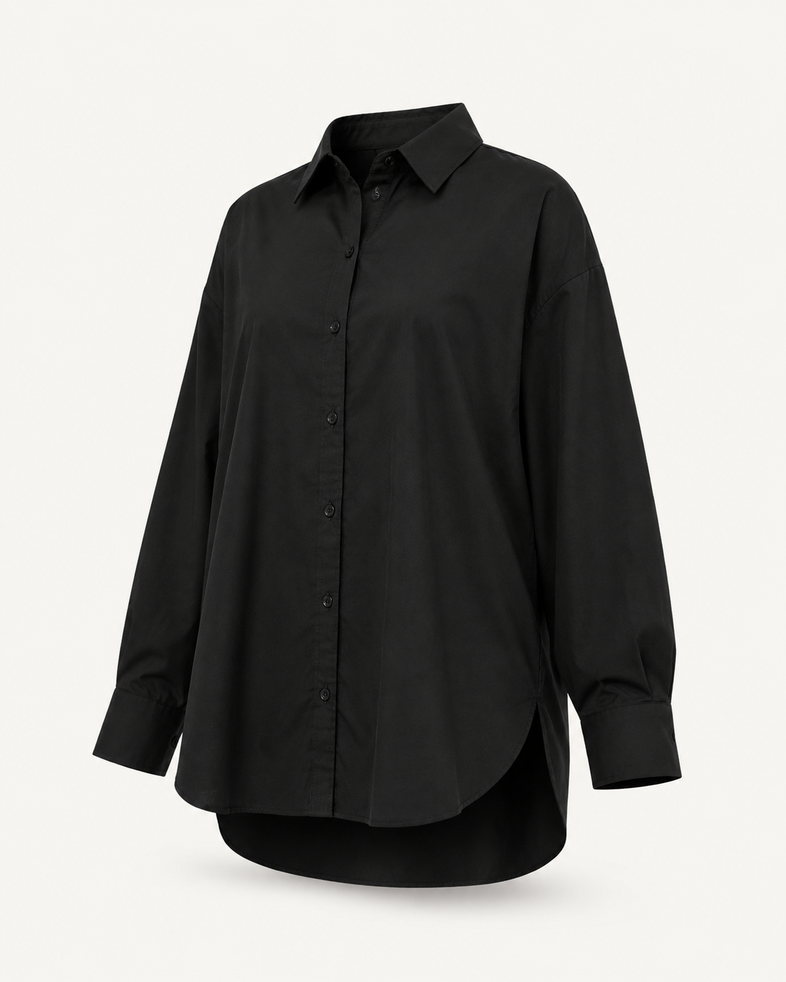 Noir Essentials black oversized shirt, outfit-only view