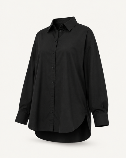 Noir Essentials black oversized shirt, outfit-only view